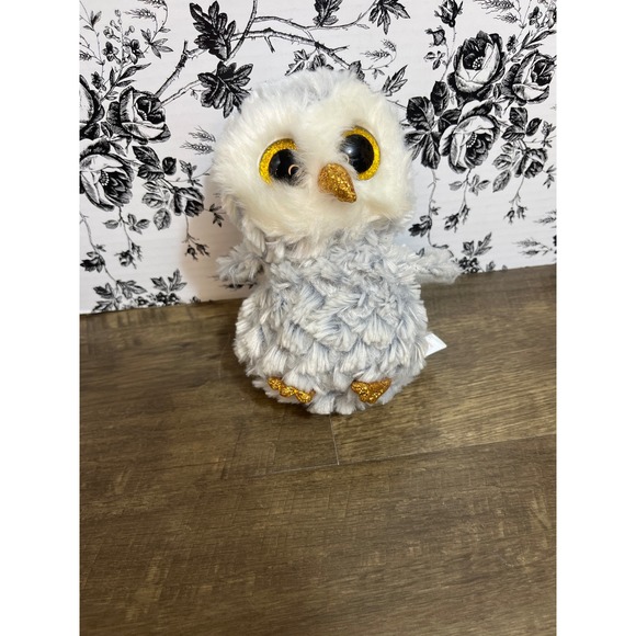 Ty Other - Ty Beanie Boos Owlette Owl Grey White Plush Gold Glitter Eyes Small 6 inch